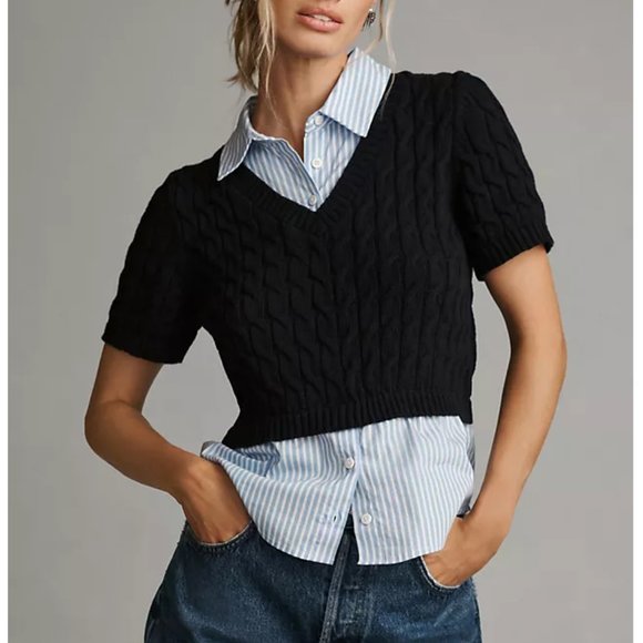 Anthropologie Maeve Cable Short-Sleeve Twofer Sweater Navy Blue 1X Plus - Picture 3 of 8